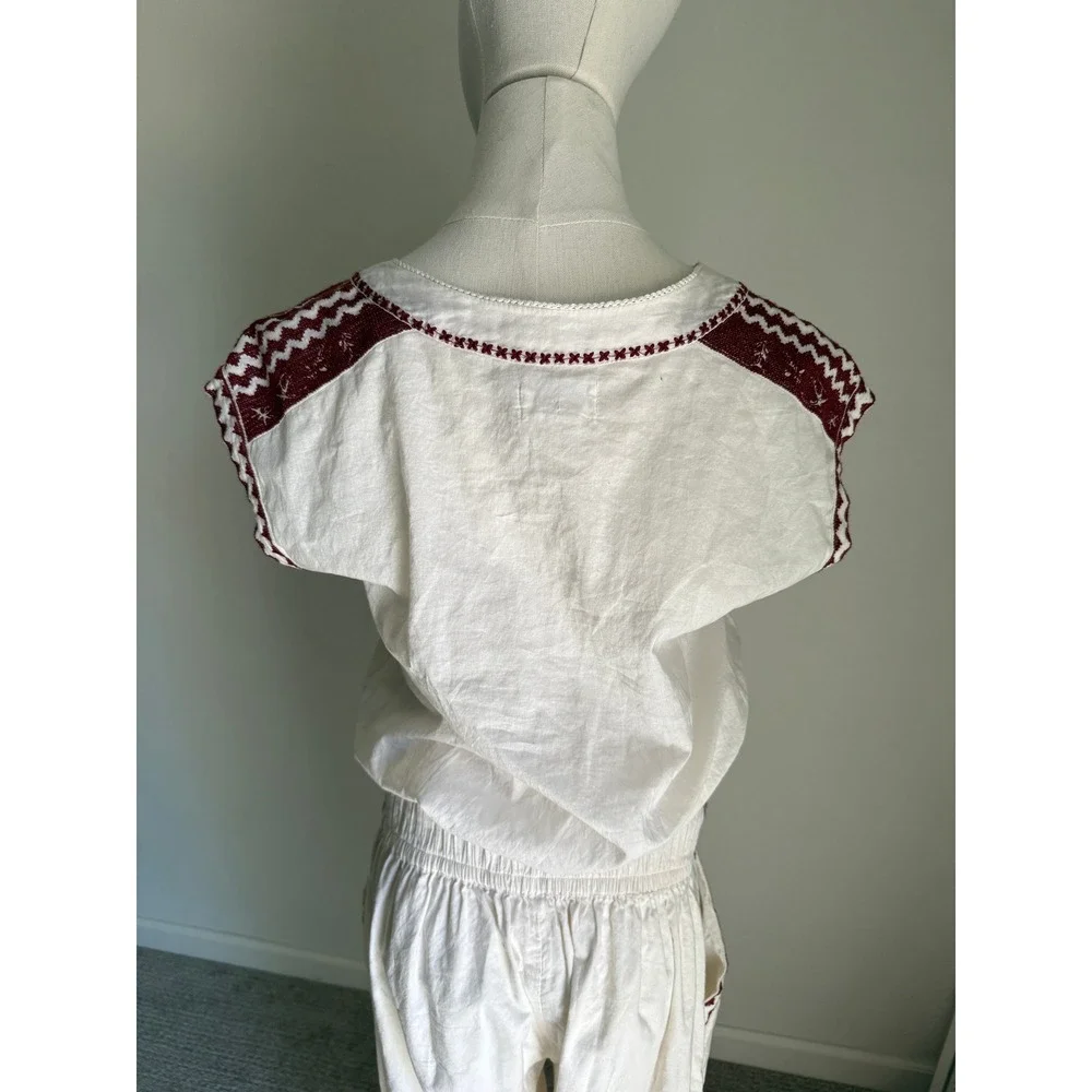 Flannel Austrailia Burgundy Cream Embroidered Cotton Jumpsuit Boho Chic Small - Picture 8 of 15